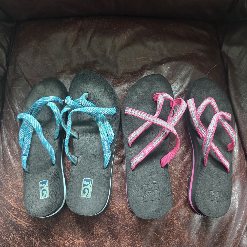 Teva Black Sandal Flip Flops with Teal & Pink Straps